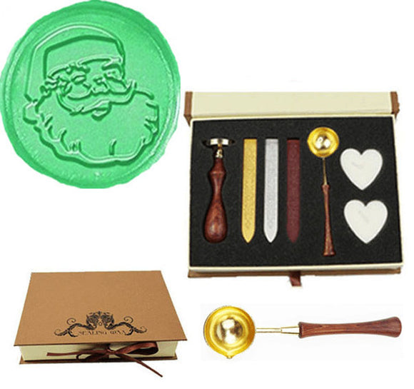 Christmas Santa Face Sealing Wax Seal Stamp Wood Handle Melting Spoon Wax Stick Candle Gift Book Box kit