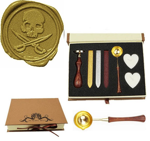 Skull Cross Sword Sealing Wax Seal Stamp Spoon Stick Candle Gift Box kit