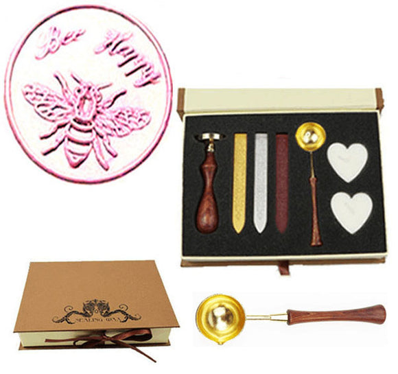 Bee happy Sealing Wax Seal Stamp Wood Handle Melting Spoon Wax Stick Candle Gift Book Box kit