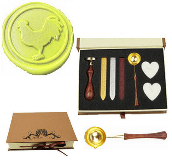 Rooster Sealing Wax Seal Stamp Spoon Wax Stick Candle Gift Box kit
