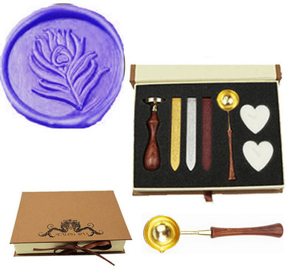 Peacock Feather Sealing Wax Seal Stamp Spoon Wax Stick Candle Gift Box kit