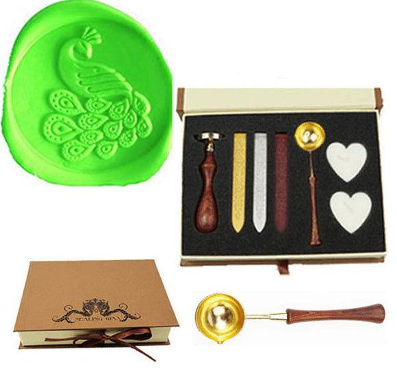 Peacock Sealing Wax Seal Stamp Spoon Wax Stick Candle Gift Box kit