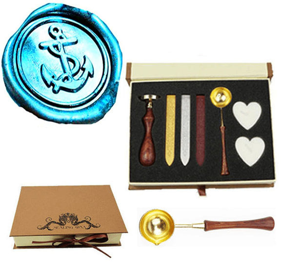 Sea Anchor Sealing Wax Seal Stamp Wood Handle Melting Spoon Wax Stick Candle Gift Book Box kit