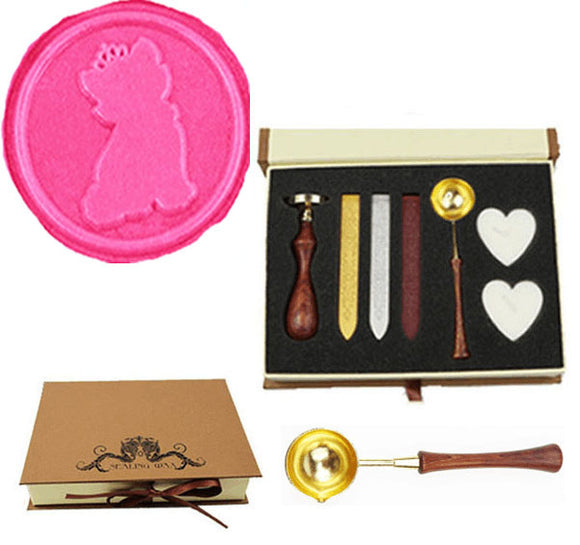 Cute Cat with Crown Sealing Wax Seal Stamp Wood Handle Melting Spoon Wax Stick Candle Gift Book Box kit