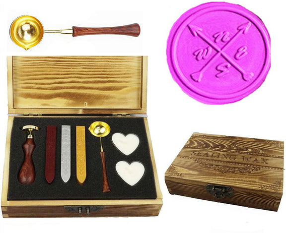 Compass Cross Arrow Sealing Wax Seal Stamp Kit Melting Spoon Wax Stick Candle Wooden Book Gift Box Set