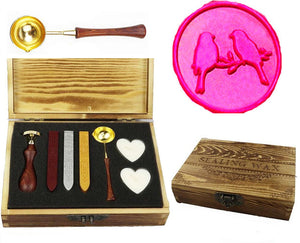 Couple Birds Sealing Wax Seal Stamp Kit Melting Spoon Wax Stick Candle Wooden Book Gift Box Set