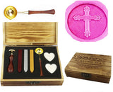 Jesus Cross Sealing Wax Seal Stamp Spoon Wax Stick Candle Wooden Gift Box Set