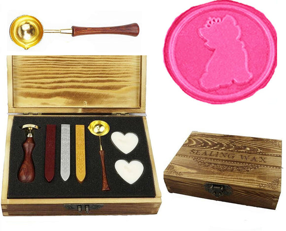 Cute Cat with Crown Sealing Wax Seal Stamp Kit Melting Spoon Wax Stick Candle Wooden Book Gift Box Set
