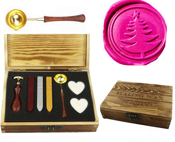 Christmas tree Sealing Wax Seal Stamp Kit Melting Spoon Wax Stick Candle Wooden Book Gift Box Set