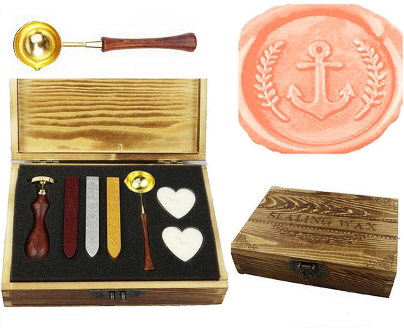 Anchor Olive Sealing Wax Seal Stamp Kit Melting Spoon Wax Stick Candle Wooden Book Gift Box Set