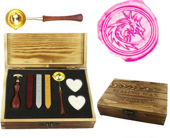 Heraldic Filigree Fire Dragon Sealing Wax Seal Stamp Spoon Wax Stick Candle Wooden Gift Box Set