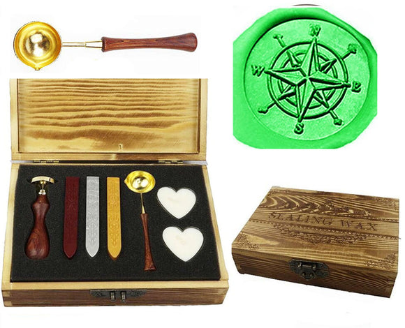 Compass Sealing Wax Seal Stamp Kit Melting Spoon Wax Stick Candle Wooden Book Gift Box Set