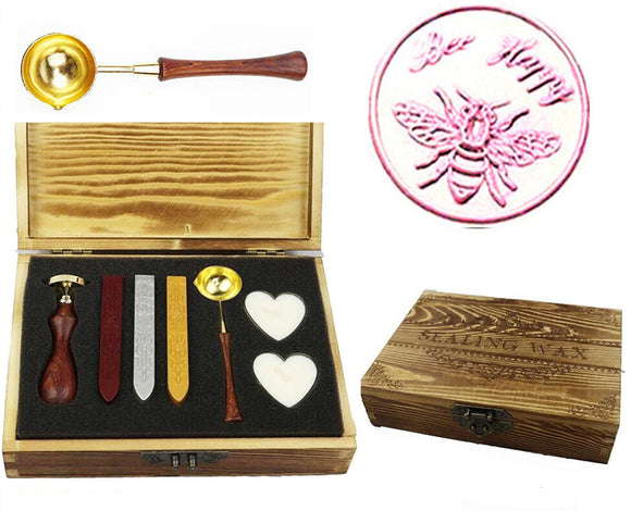 Bee happy Sealing Wax Seal Stamp Kit Melting Spoon Wax Stick Candle Wooden Book Gift Box Set