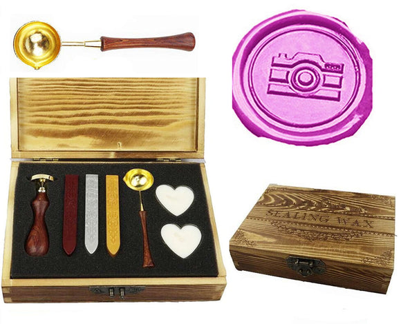 Camera Sealing Wax Seal Stamp Kit Melting Spoon Wax Stick Candle Wooden Book Gift Box Set