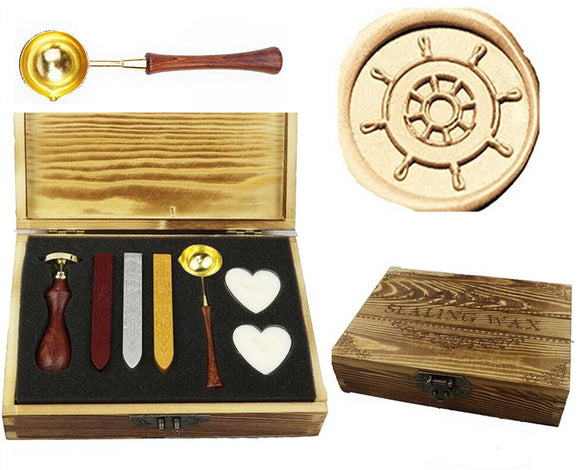 Ship Steering Wheel Sealing Wax Seal Stamp Spoon Stick Candle Wooden Gift Box Set