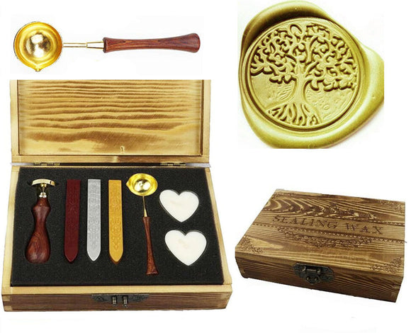 Tree of life; Sealing Wax Seal Stamp Spoon Stick Candle Wooden Gift Box Set