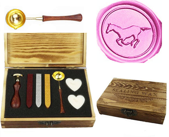 Horse Sealing Wax Seal Stamp Spoon Wax Stick Candle Wooden Gift Box Set