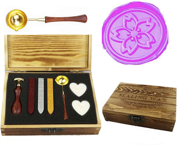 Sakura Flower Sealing Wax Seal Stamp Spoon Wax Stick Candle Wooden Gift Box Set