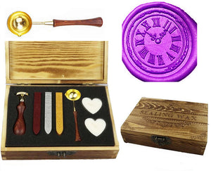 Clock Cool Sealing Wax Seal Stamp Kit Melting Spoon Wax Stick Candle Wooden Book Gift Box Set