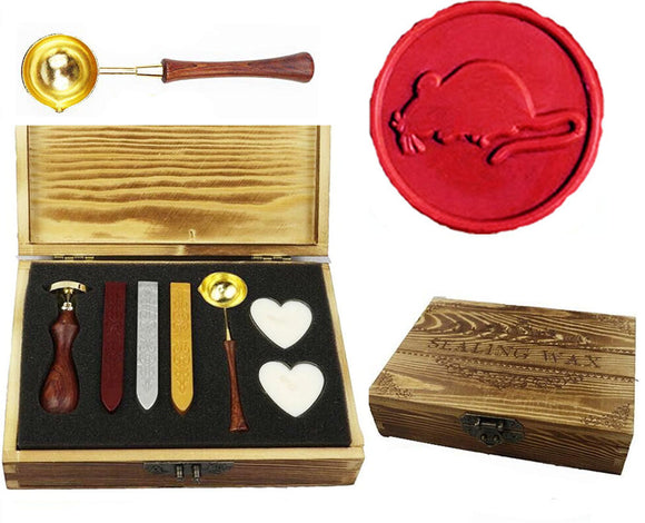 Rat Sealing Wax Seal Stamp Kit Melting Spoon Wax Stick Candle Wooden Book Gift Box Set