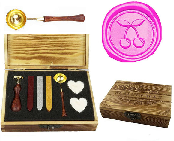 Cherry Sealing Wax Seal Stamp Kit Melting Spoon Wax Stick Candle Wooden Book Gift Box Set