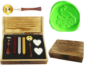 Peacock Sealing Wax Seal Stamp Spoon Wax Stick Candle Wooden Gift Box Set