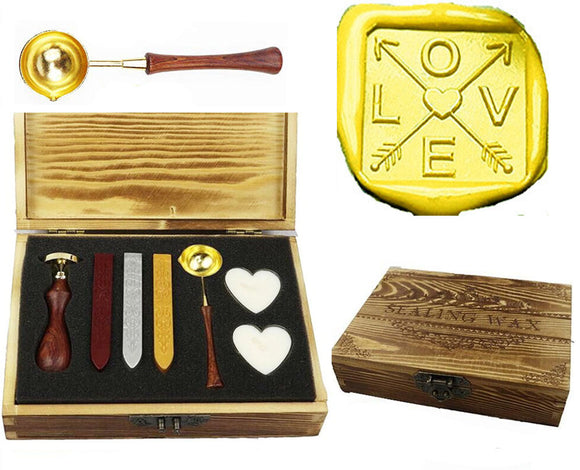 Love Cross Arrow Heart Sealing Wax Seal Stamp Spoon Wax Stick Candle Wooden Gift Box Set