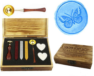 Butterfly Sealing Wax Seal Stamp Kit Melting Spoon Wax Stick Candle Wooden Book Gift Box Set