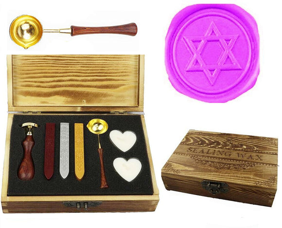 Vintage Star of David Hexagonal Sealing Wax Seal Stamp Kit Melting Spoon  Wax Stick Candle Wooden Book Gift Box Set Wedding Invitation Embellishment  Holiday Card Gift Wrap Package Gift Idea Seal Stamp