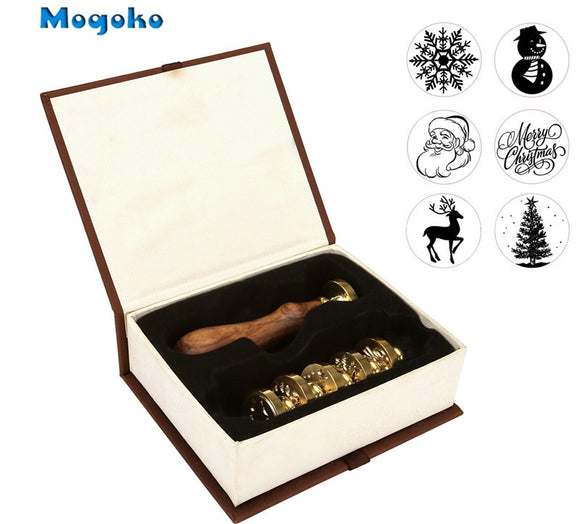 Mogoko 2017 New 1 Set Christmas Xmas Wax Seal Stamp Set Brass Head Wooden Handle Blessing Letter Decor Gift 6 Different pattern