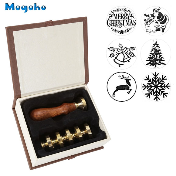Mogoko 6pcs Sealing Wax Stamps Copper Seals+1pc Wooden Hilt Vintage Retro Classical Initial Sealing Wax Stamp Kit For Christmas