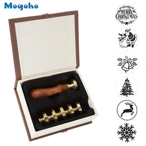 Mogoko 6pcs Sealing Wax Stamps Copper Seals+1pc Wooden Hilt Vintage Retro Classical Initial Sealing Wax Stamp Kit For Christmas
