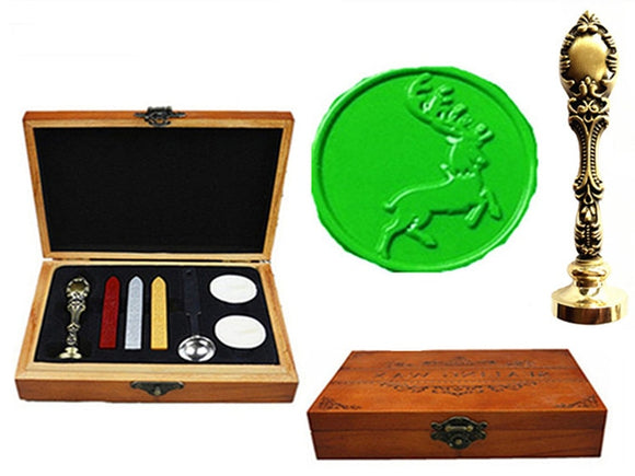 Vintage Christmas Deer Custom Luxury Wax Seal Sealing Stamp Brass Peacock Metal Handle Sticks Melting Spoon Wood Gift Box Set