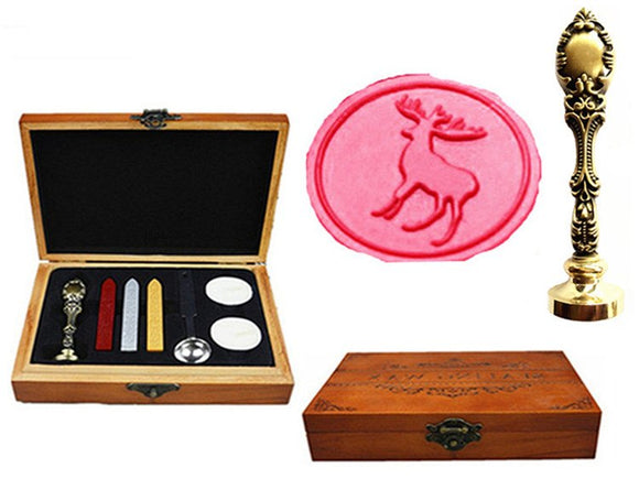 Vintage Christmas Deer Custom Luxury Wax Seal Sealing Stamp Brass Peacock Metal Handle Sticks Melting Spoon Wood Gift Box Set