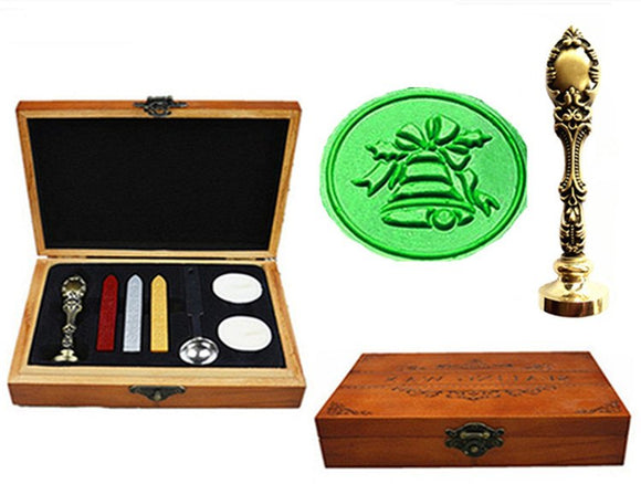 Vintage Christmas Bell Ring Luxury Wax Seal Sealing Stamp Brass Peacock Metal Handle Sticks Melting Spoon Wood Gift Box Set